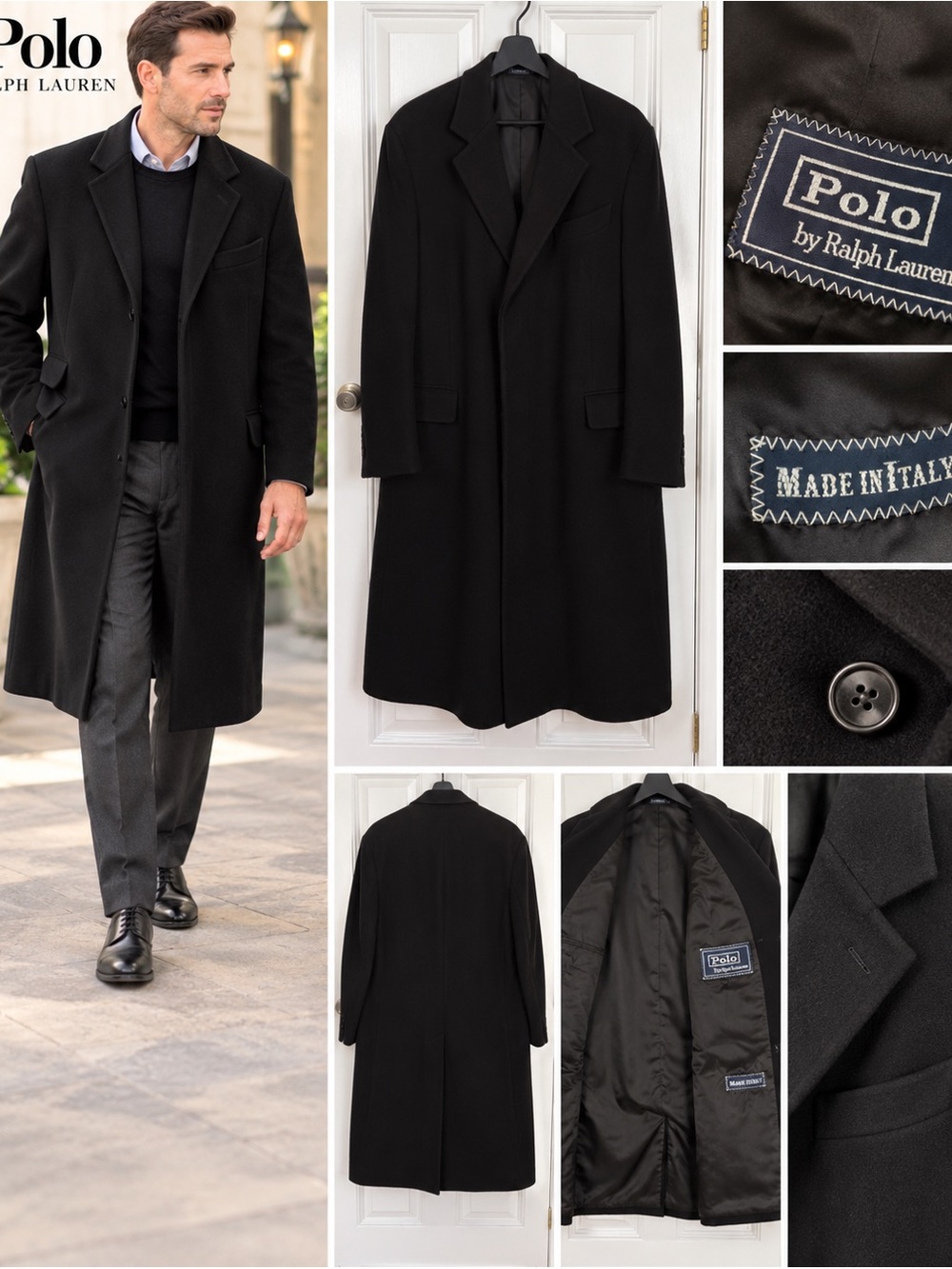 Polo Ralph Lauren Made in Italy Black Long Overcoat Men’s Vintage
